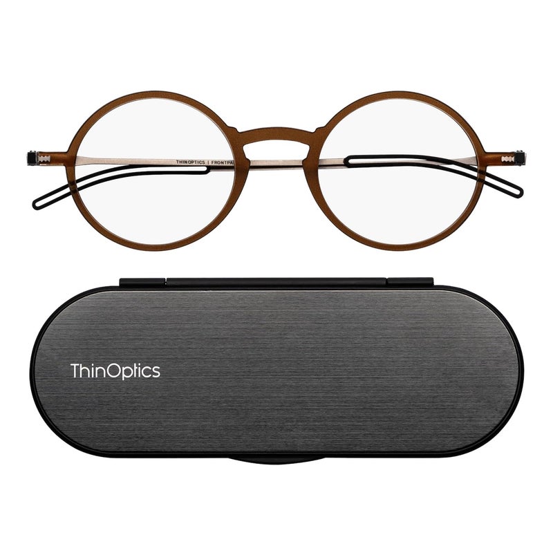 ThinOptics Manhattan Reading Glasses 1.50 Round Brown Frames With Milano Magnetic Case - Thin Lightweight Compact Readers 1.50 Strength